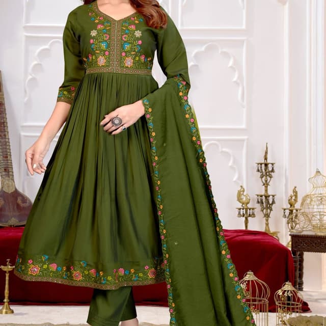 Olive Green with Multi-colored Embroidery Anarkali Suit