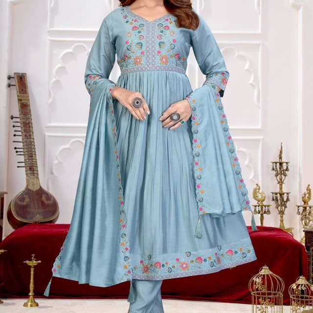 Light Blue, with multicolor embroidery (pink, orange, green, and blue) Anarkali Suit