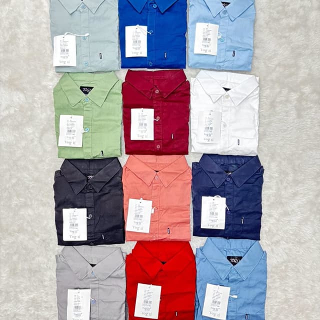 Various solid colors including blue, green, red, black, peach, and white. Shirt