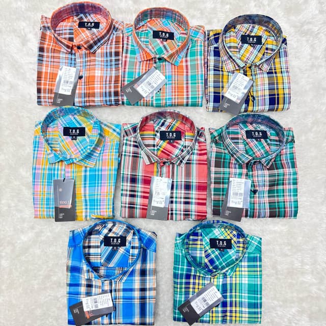 Various plaid patterns with colors like orange, teal, blue, yellow, red, green, and brown. Shirt