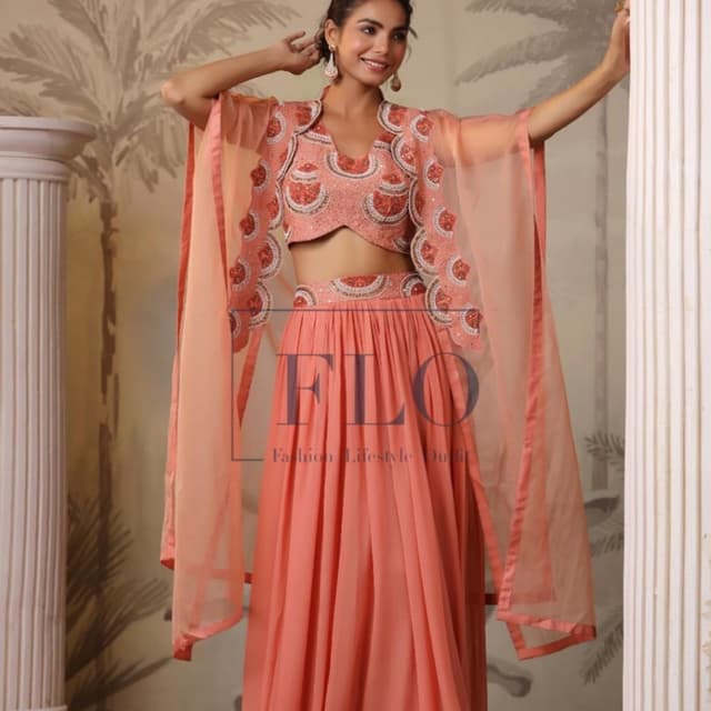 Peach, Cream Lehenga Choli with Cape