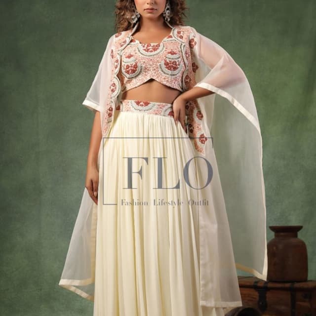 Ivory, Peach, and Red Lehenga Choli with Cape