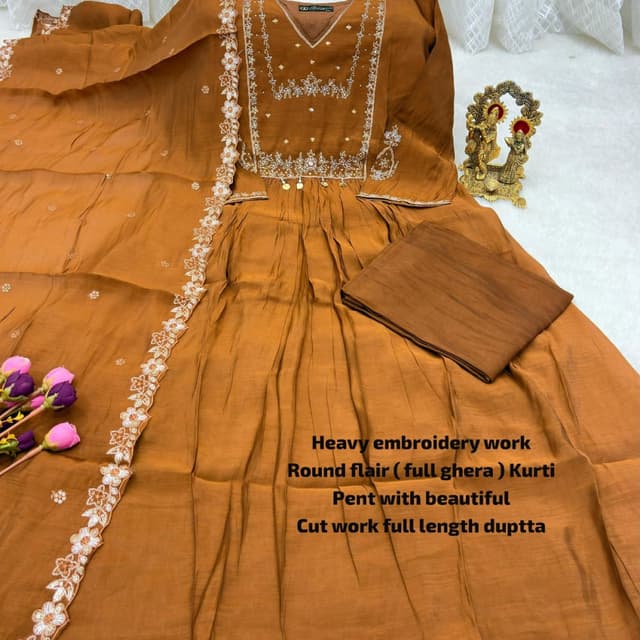 Mustard Yellow with White embroidery Kurti with Pent and Duptta