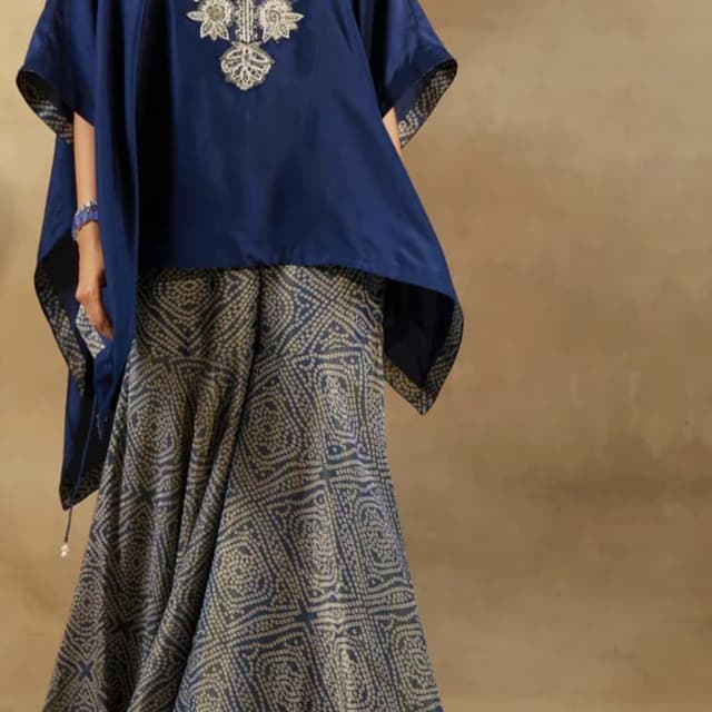 Navy blue and Beige/Off-White Kurta and Palazzo Set