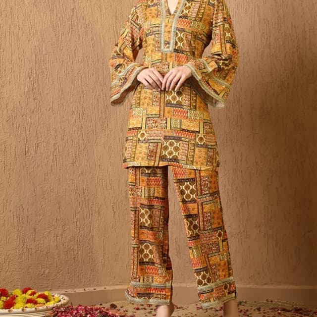 Yellow, Orange, Brown, with hints of green and red Kurta and Pant Set