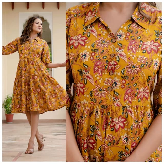 Mustard yellow with red, pink, and green floral print Dress