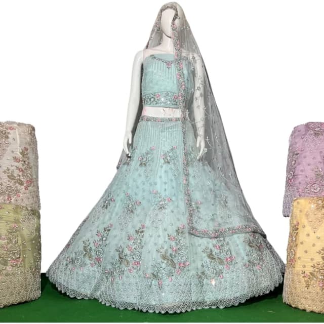 Light Blue, Pink, Silver Lehenga Choli