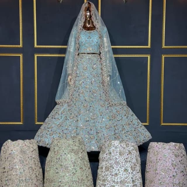 Light Blue, Silver, Gold Lehenga Choli