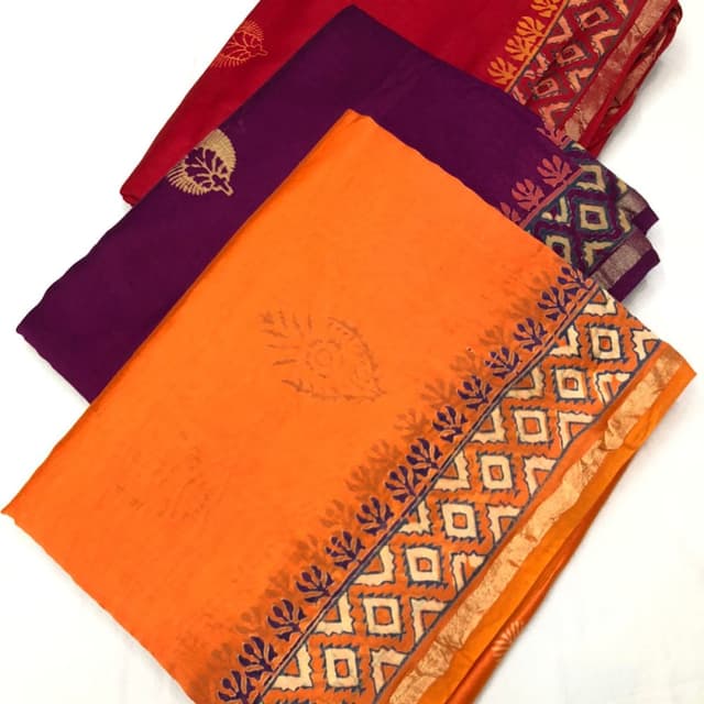 Orange, Purple, and Red with accents of Blue, Gold, and Beige Saree