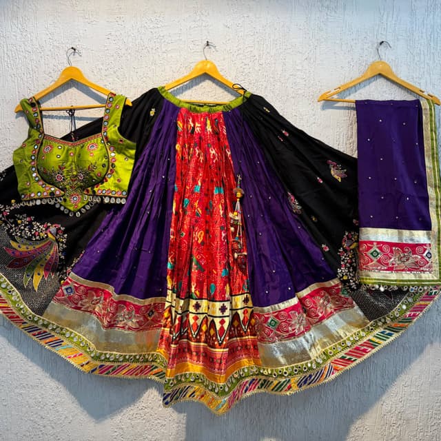 Black, Purple, Red, Green, Gold, and assorted multicolor accents Lehenga Choli with Dupatta