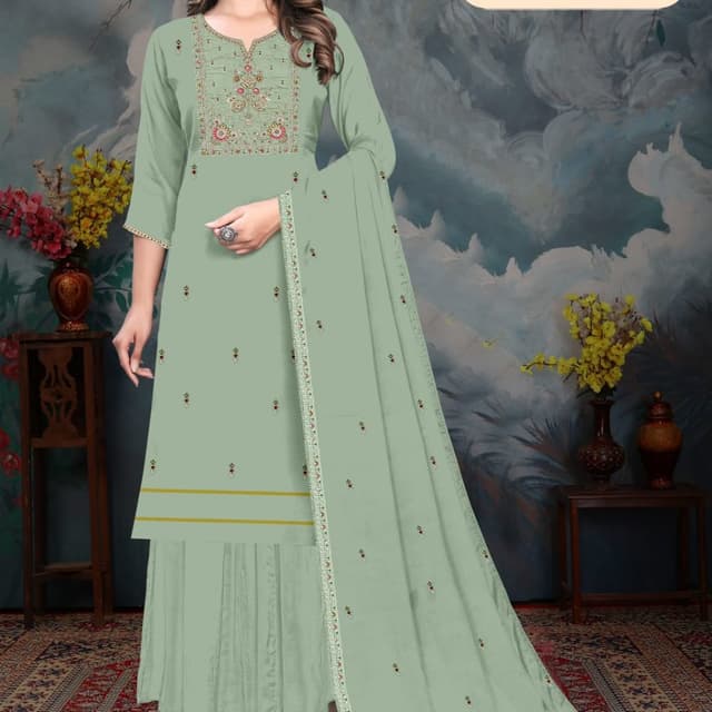 Sage Green with accents of red, pink, and gold Sharara Suit