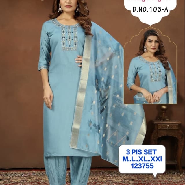 Light Blue with Silver and Multi-Colored Embroidery Salwar Suit Set