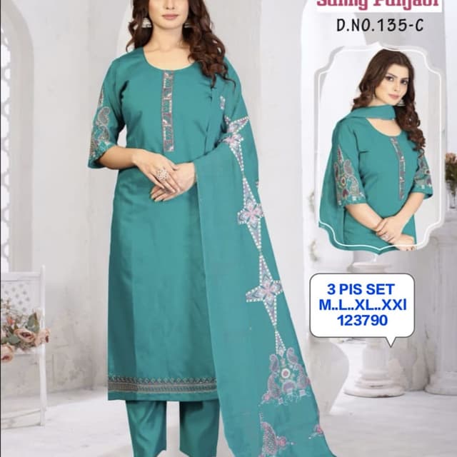 Teal, with accents of pink, purple, and gold embroidery Salwar Kameez Suit Set