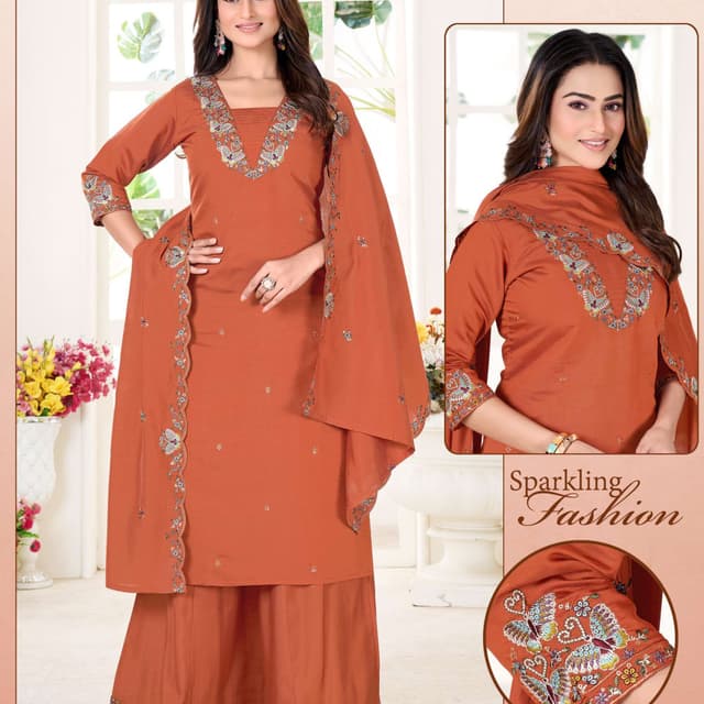 Burnt Orange with multicolor embroidery Salwar Kameez with Dupatta