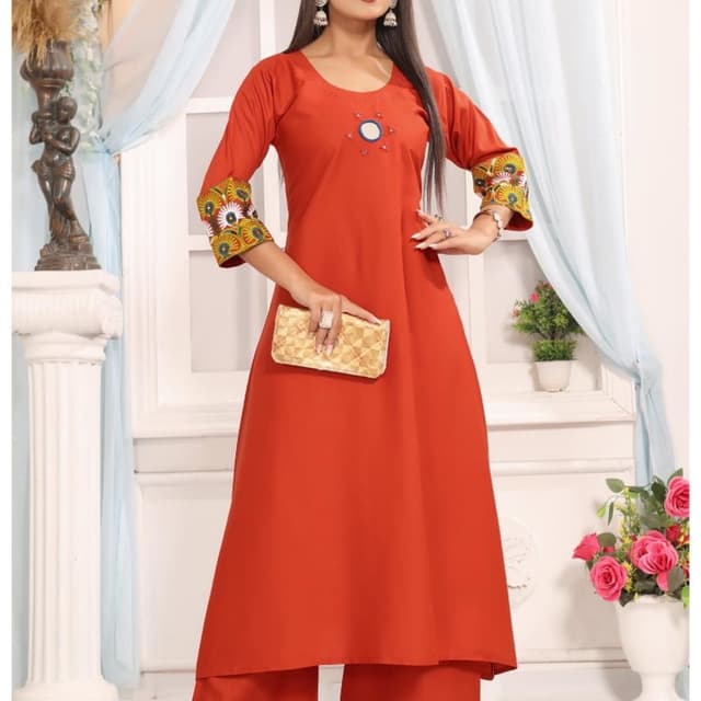 Red-Orange, Multicolor (yellow, green, white, blue) Kurta