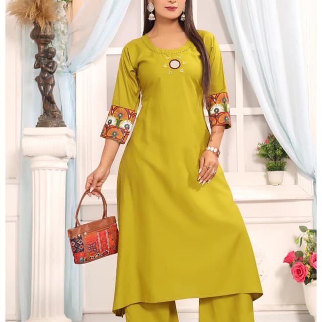 Lime Green, with multicolor accents Kurta with Palazzo Pants