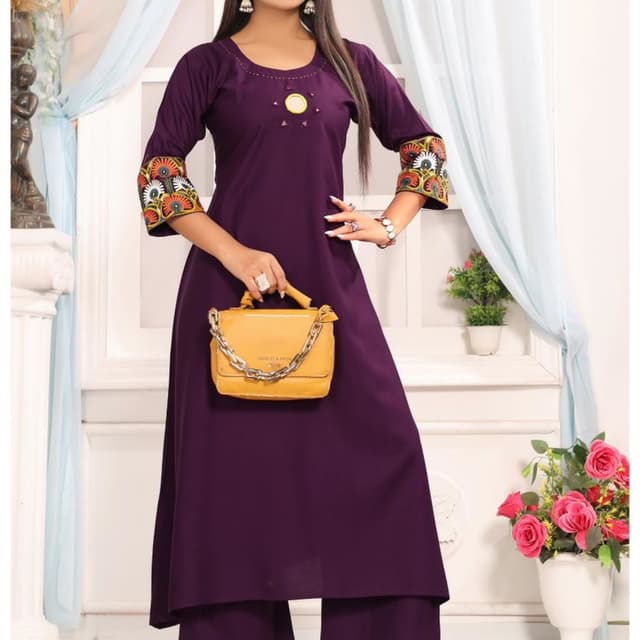 Deep Purple with Multicolor accents Kurta with matching trousers