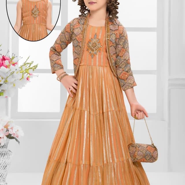 Orange and Gold, with accents of brown, gray, and peach in the jacket print. Dress with Jacket