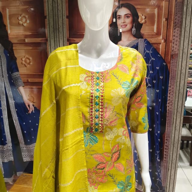 Yellow, with floral patterns in shades of pink, blue, and green Kurta with Dupatta