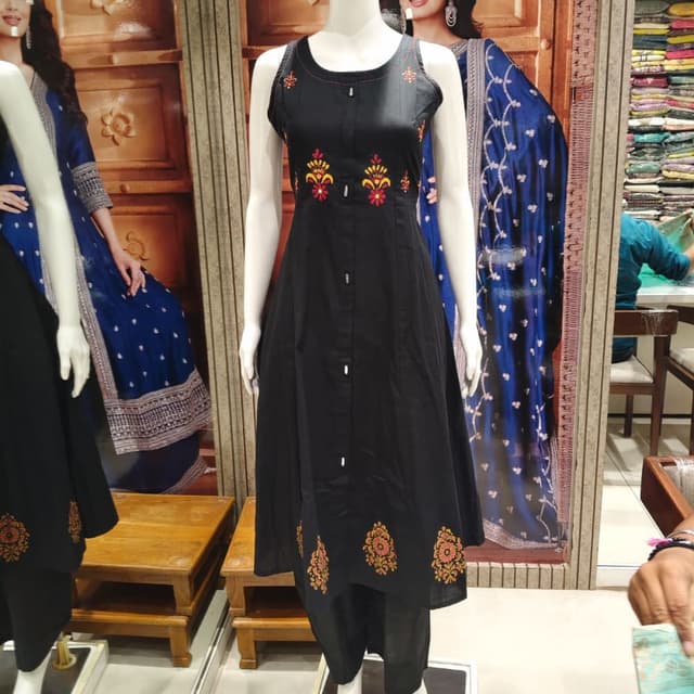 Black with Embroidered accents in shades of red, yellow, and orange Kurti with Pants