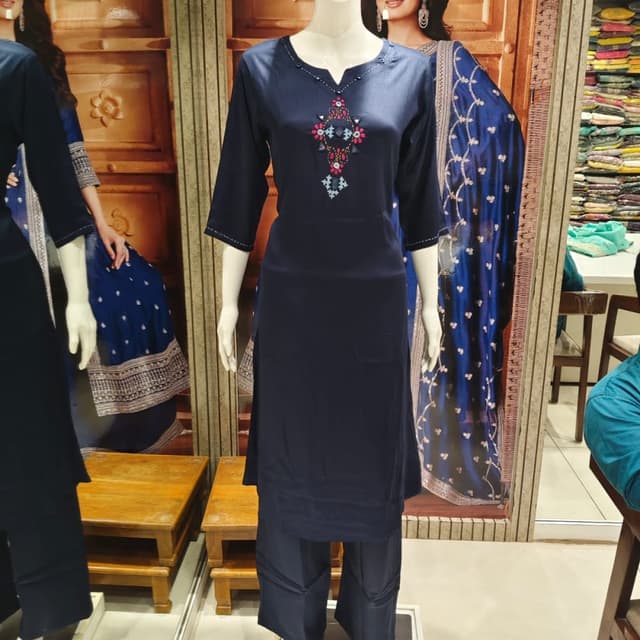 Navy Blue with multicolored embroidery accents Kurta with Pants