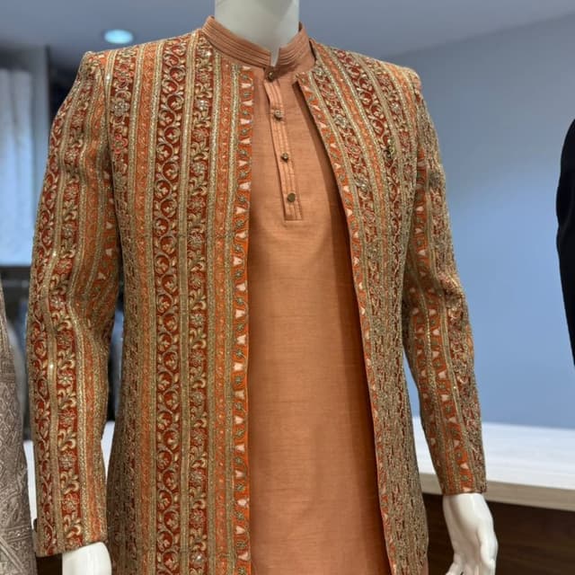Orange, Gold Jacket, Kurta