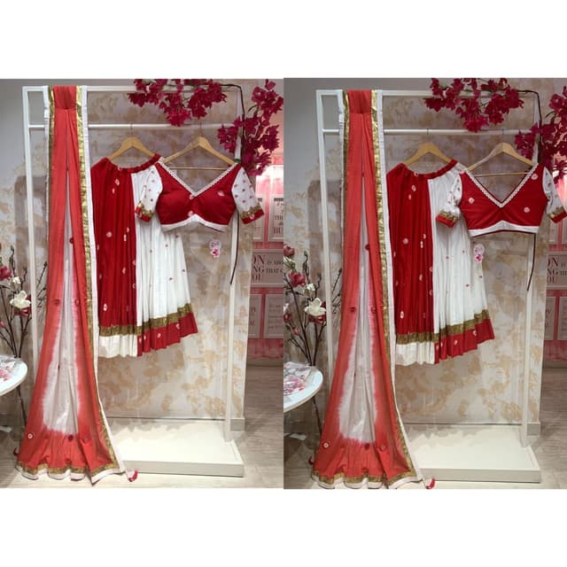 Red, White, and Gold Lehenga Choli with Dupatta