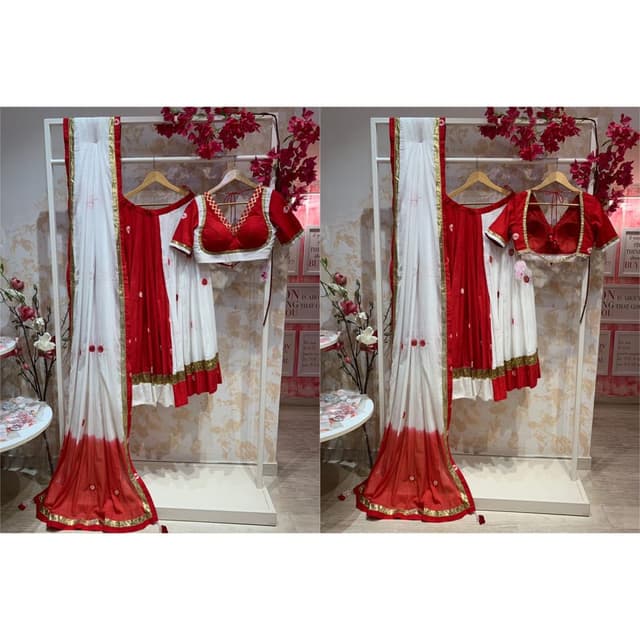 Red, White, Gold Saree and Blouse Set