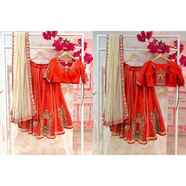 Red, Gold, Beige Lehenga Choli