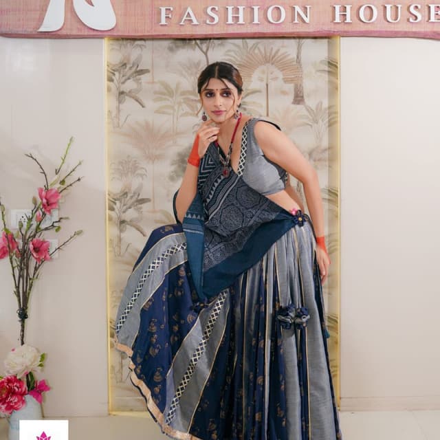 Navy Blue, Gray, Gold Lehenga Choli