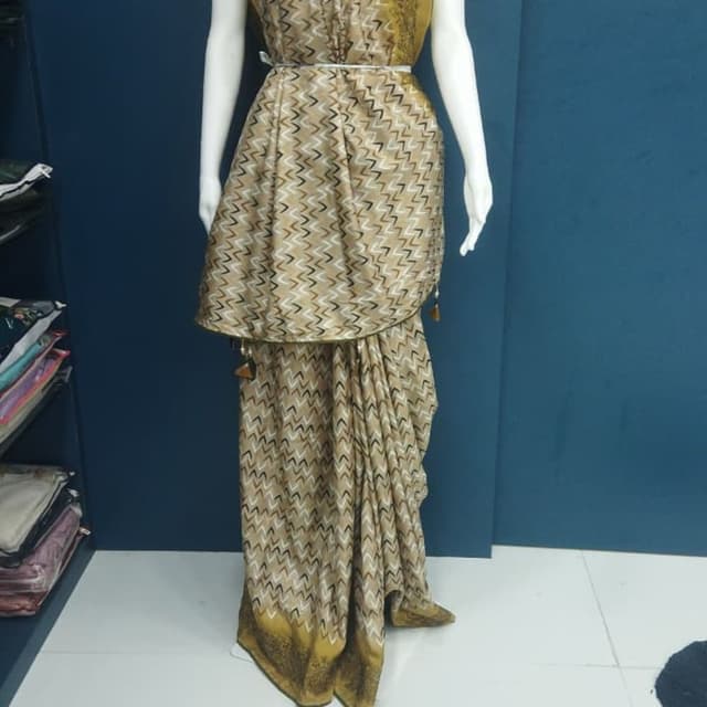 Gold, Beige, Black, White Saree