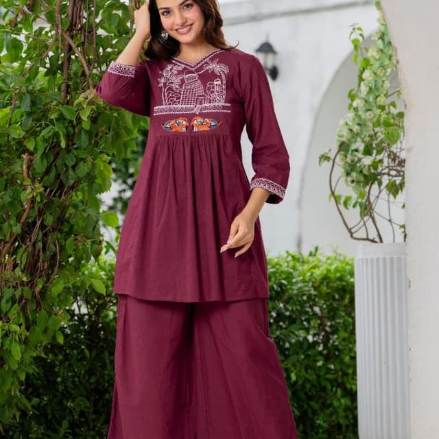 Maroon, White, Orange, and Green Kurti with Palazzo Pants