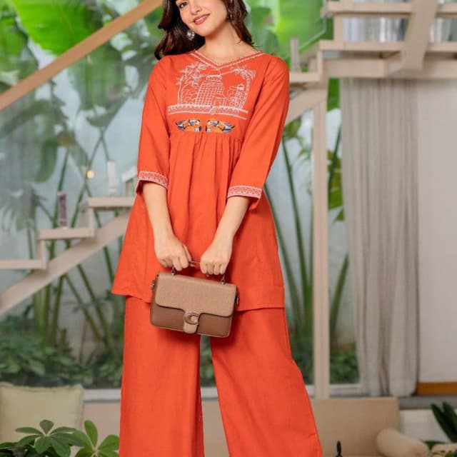 Orange and White Kurta and Palazzo Set