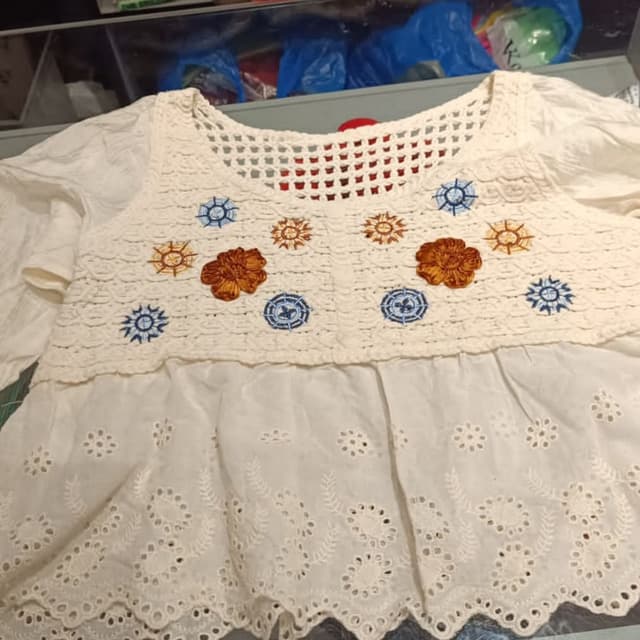 White, Beige, Brown, Blue, Orange Top