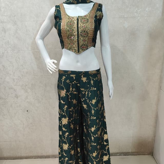 Emerald Green and Gold Palazzo Pant Set with Crop Top