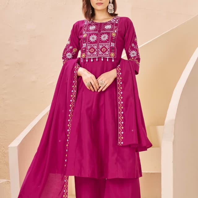 Magenta, White, Gold Salwar Kameez with Dupatta