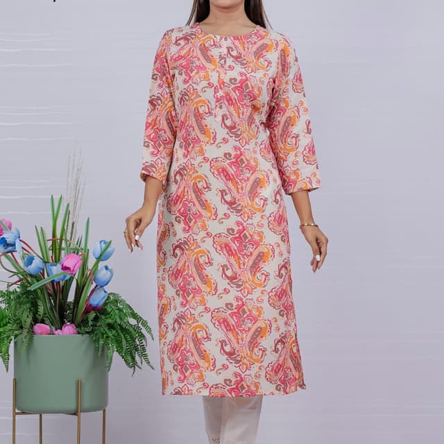 Cream, Pink, Orange, Brown Kurti