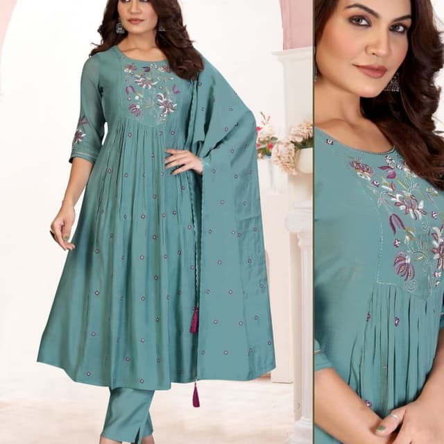 Teal with hints of purple and white Kurta with Pant and Dupatta