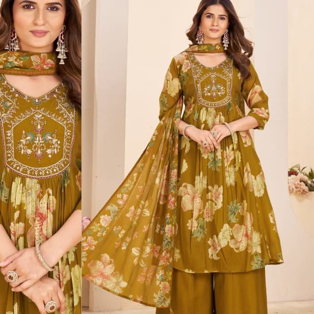Olive Green with Floral Prints in Soft Pinks, Greens, and Creams Anarkali Suit Set (includes top, pants, and dupatta)
