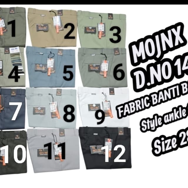 Variety of solid colors: khaki, light green, olive green, light blue, gray, white, black, dark gray and navy blue. Trousers
