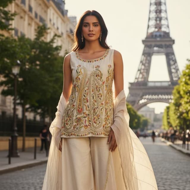 Ivory, Gold, and Multi-color embroidery (red, green, yellow) Sharara Suit