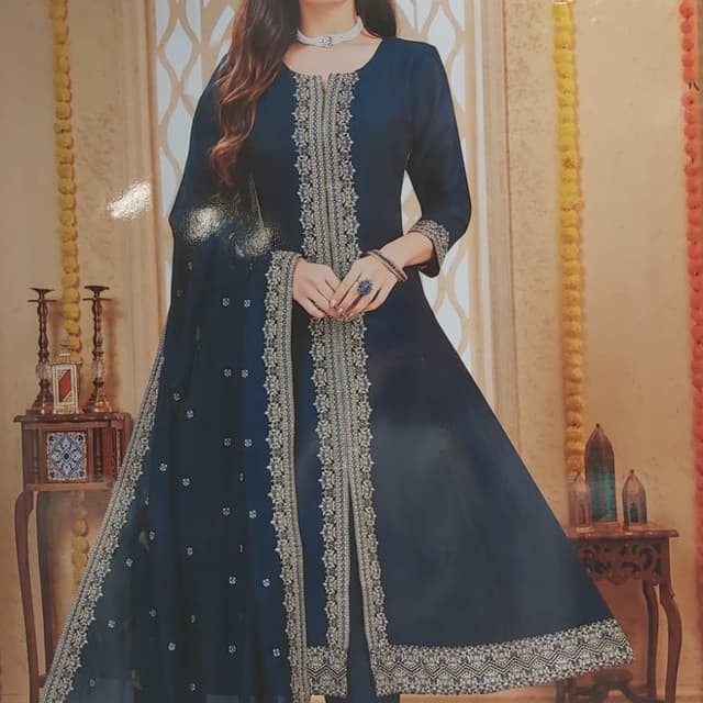 Navy Blue and Gold Anarkali Suit