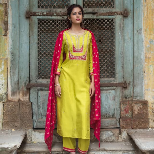 Lime Green, Red Salwar Kameez with Dupatta
