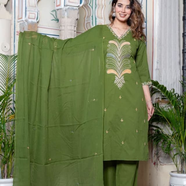 Olive Green with accents of gold, blue, and orange Kurta Set