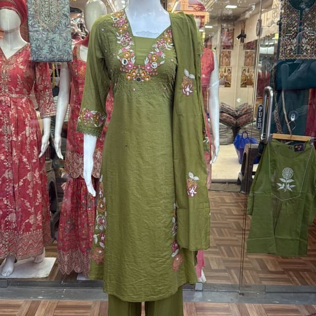 Olive Green with Pink, White, and Orange accents Salwar Kameez with Dupatta