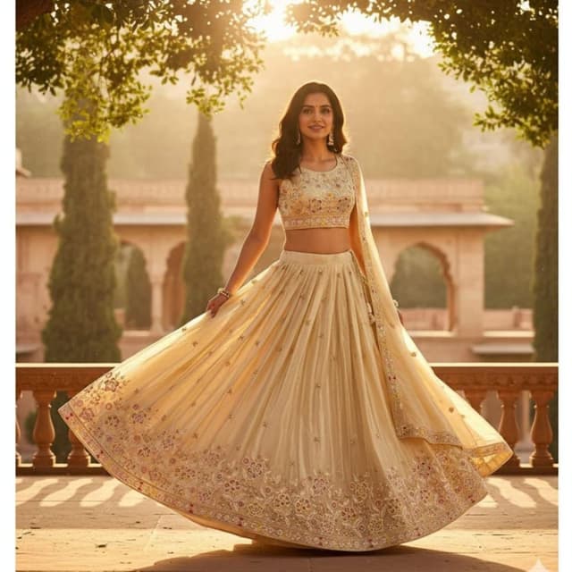 Champagne and pastel shades with hints of floral colors like pink and yellow Lehenga Choli