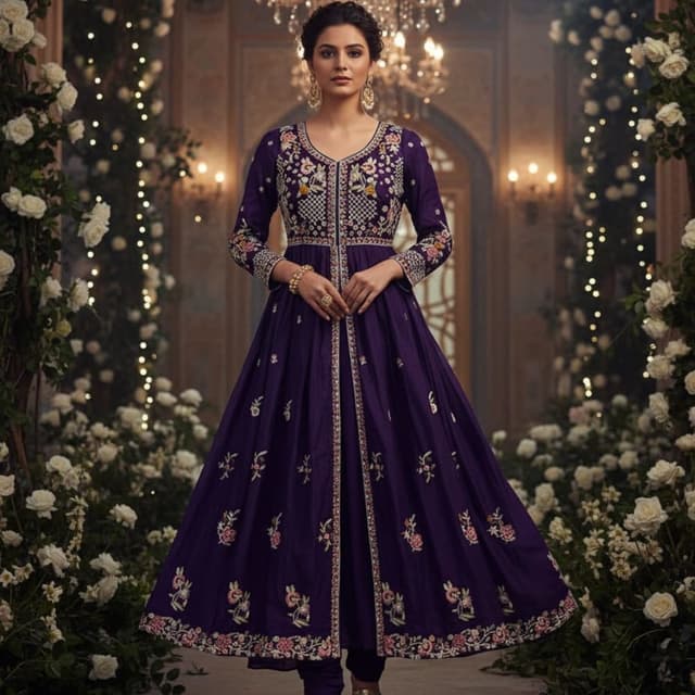 Deep Purple with accents of pink, green, and gold Anarkali Suit