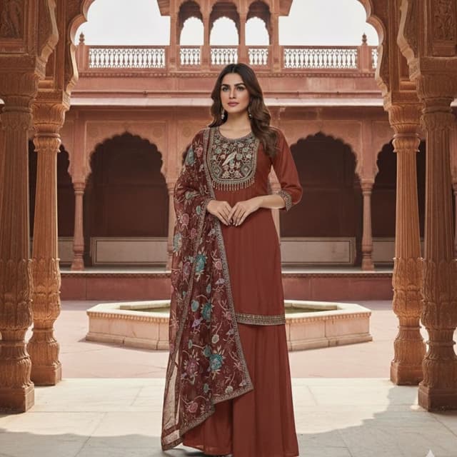 Brown, with multicolor accents on the dupatta and embroidery Salwar Kameez with Dupatta