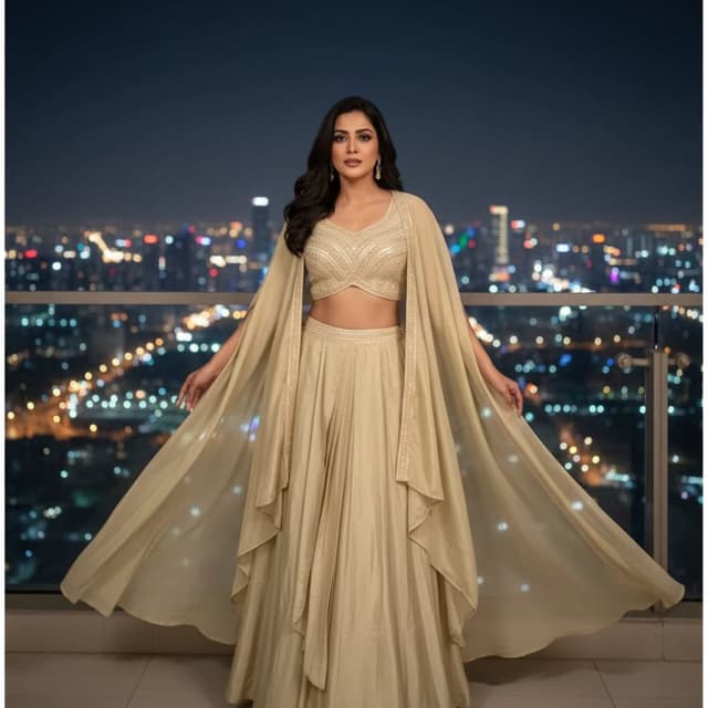 Beige, Gold Lehenga Choli with Cape