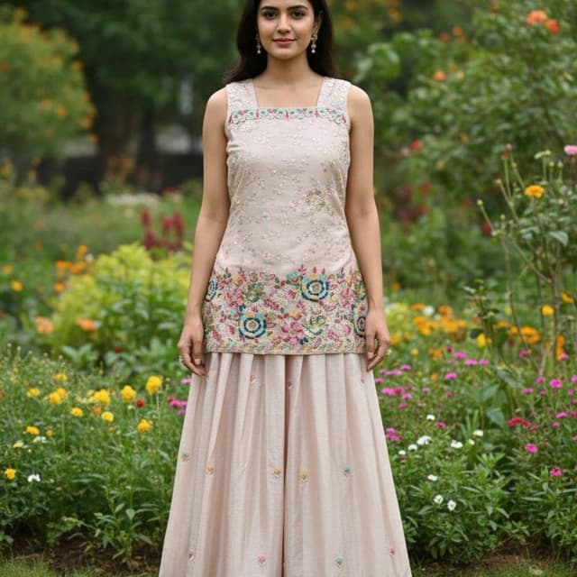 Pale pink, with multicolor embroidery Kurta and Skirt Set